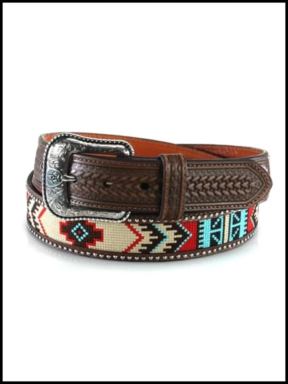 Men's Southwestern Embroidered Leather Belt with Tooled Tabs